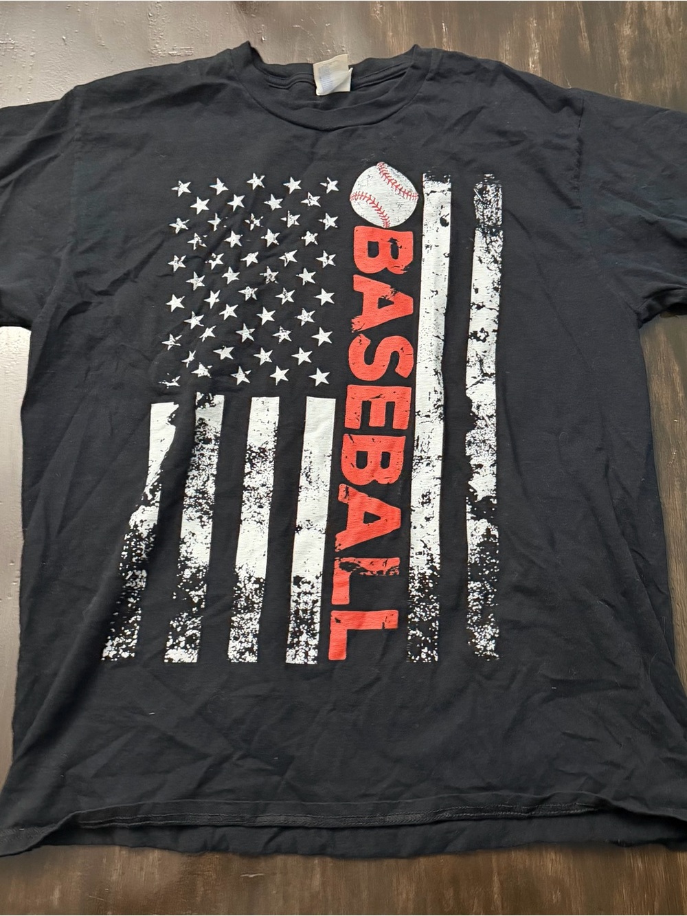 Black Baseball Graphic Tee with White Flag and Red Accent